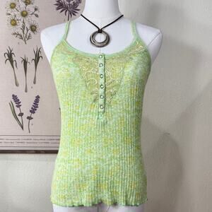 Y2k Free People Floral Lace Ribbed Cami Top Cottage Fairy Grunge Forest Boho L